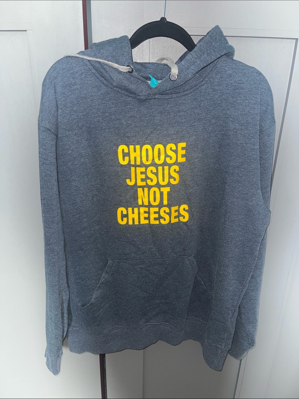 Graphic Hoodie with Yellow 'Choose Jesus Not Cheeses' Print
